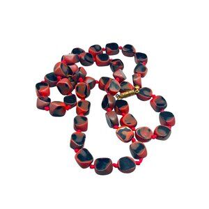 Vintage Red Black Glass Beads Necklace Beaded Hand Knotted Polished Art Glass